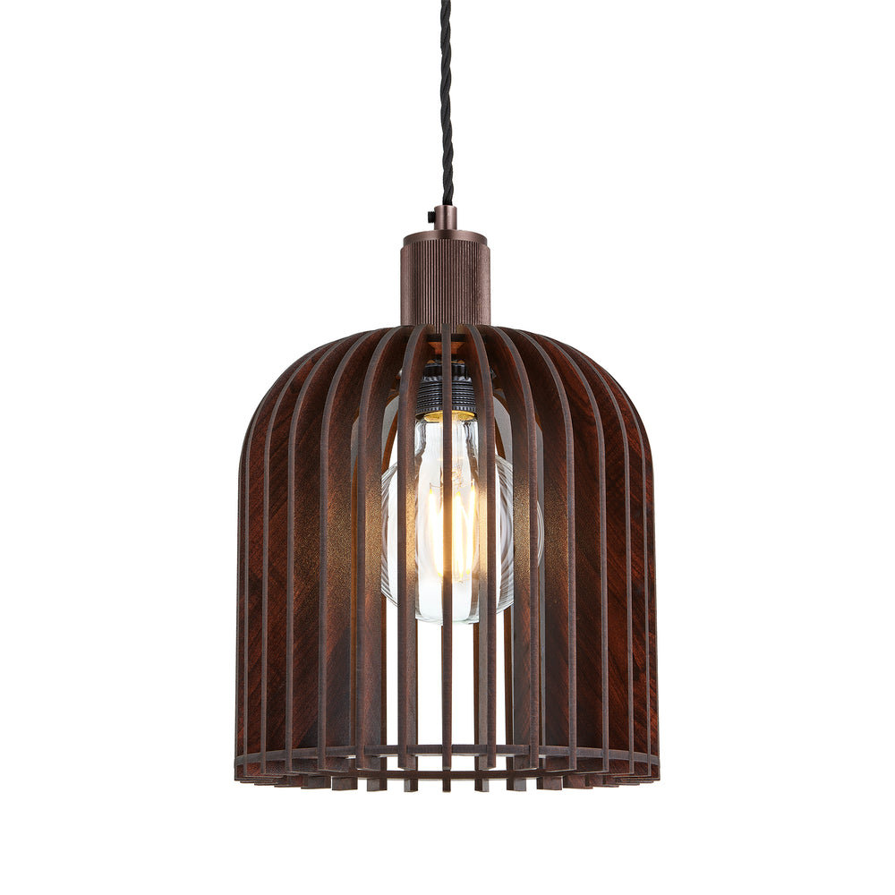 Rift Slatted Wooden Cone Pendant Light in Dark Finish with Bronze Holder