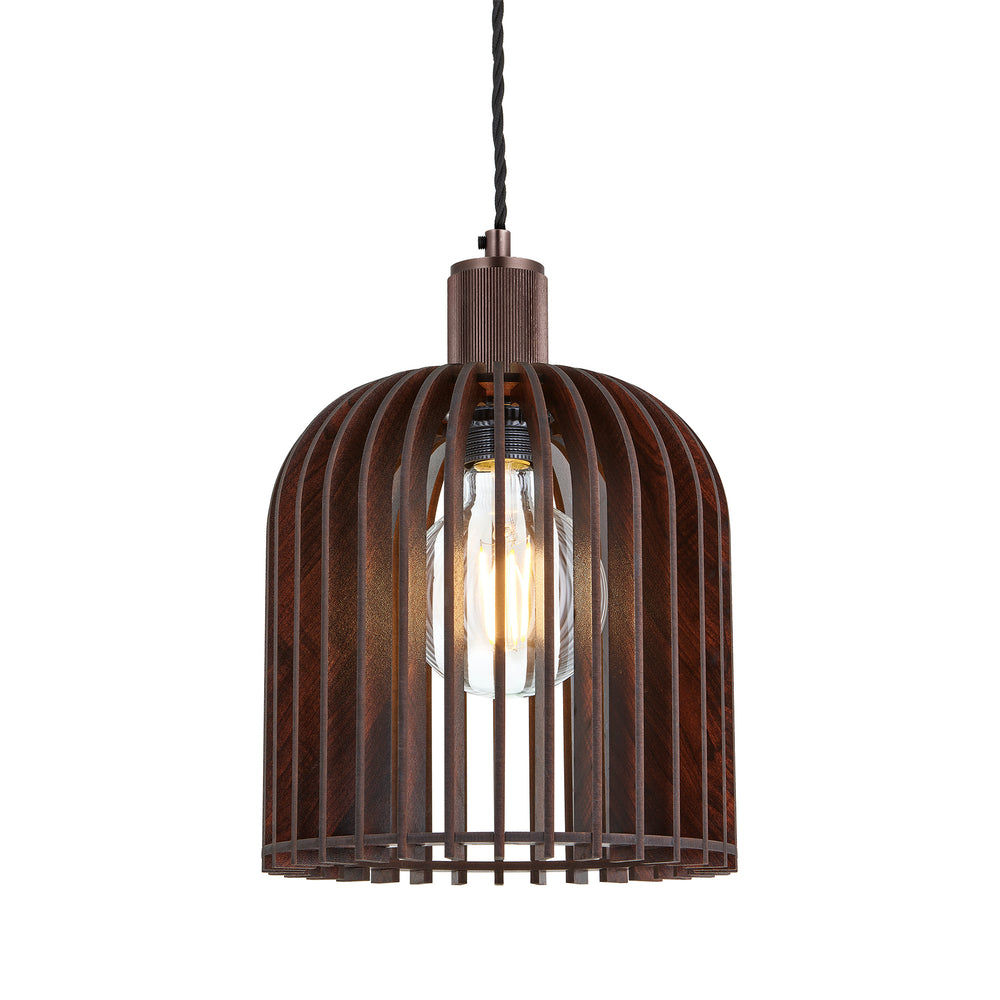 Rift Slatted Wooden Cone Pendant Light in Dark Finish with Bronze Holder