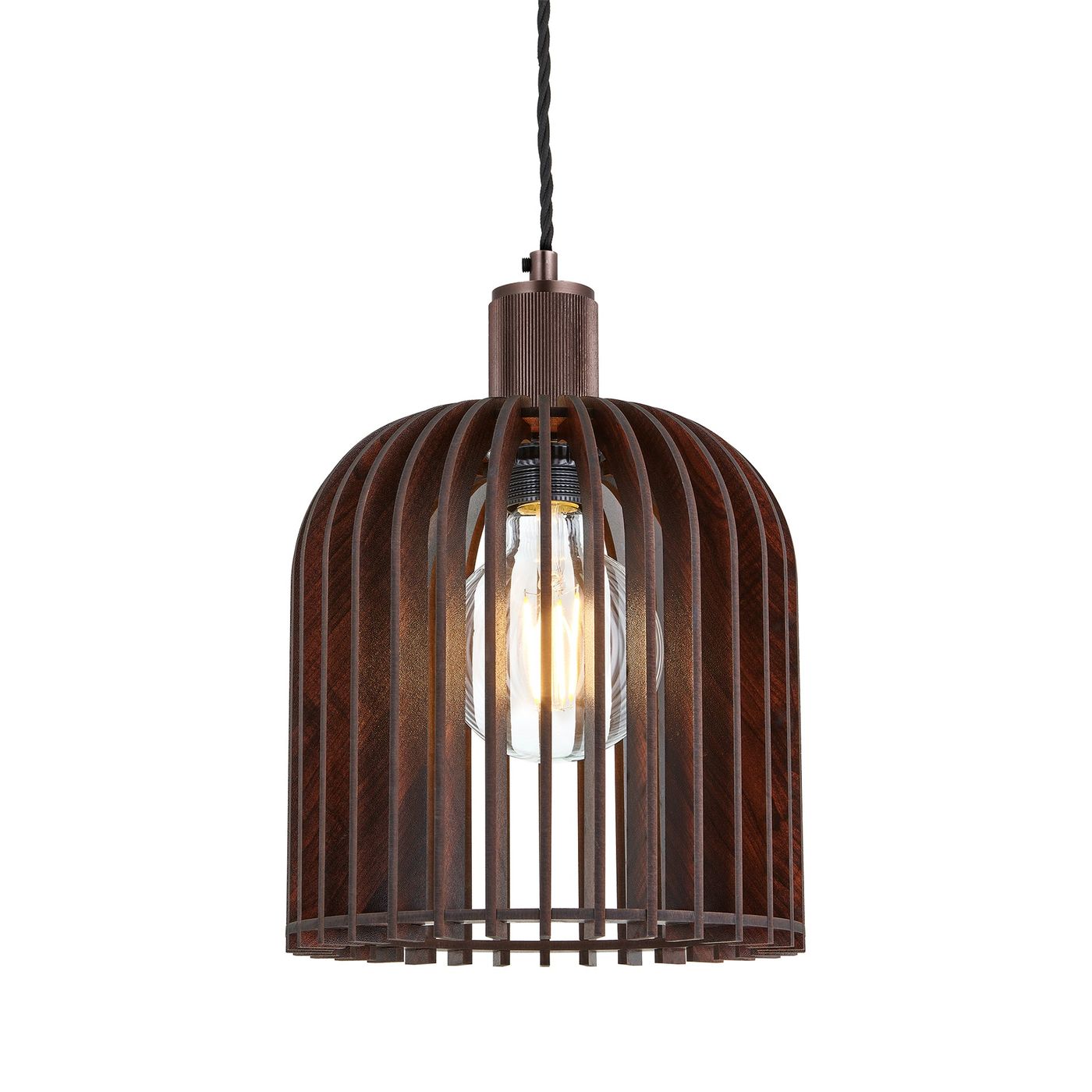 Rift Slatted Wooden Cone Pendant Light in Dark Finish with Bronze Holder