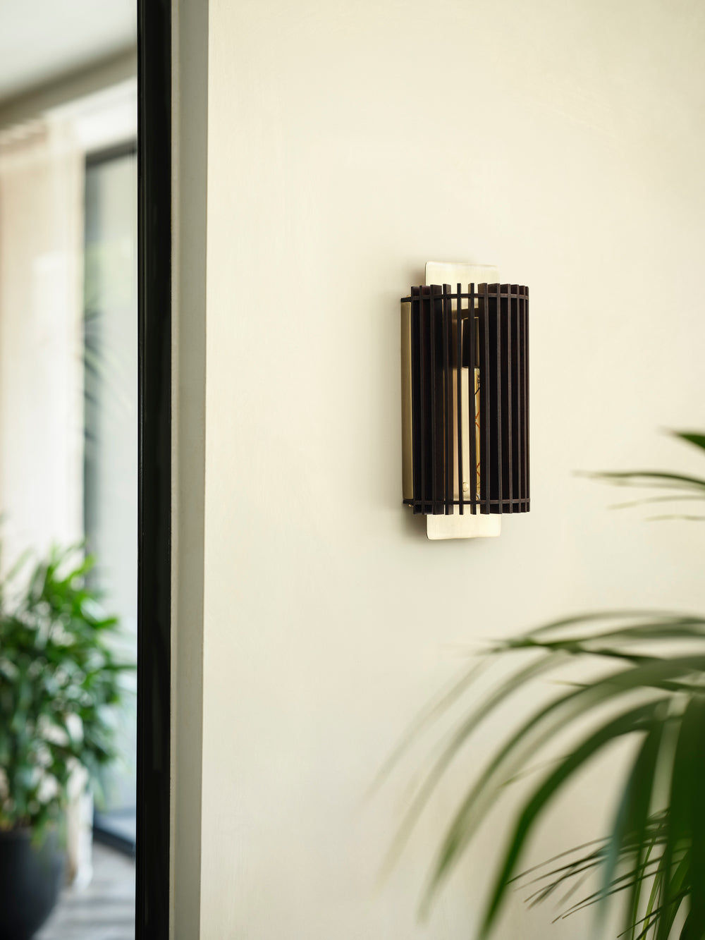 Rift Slatted Wooden Wall Light in Dark Finish with Brass Holder