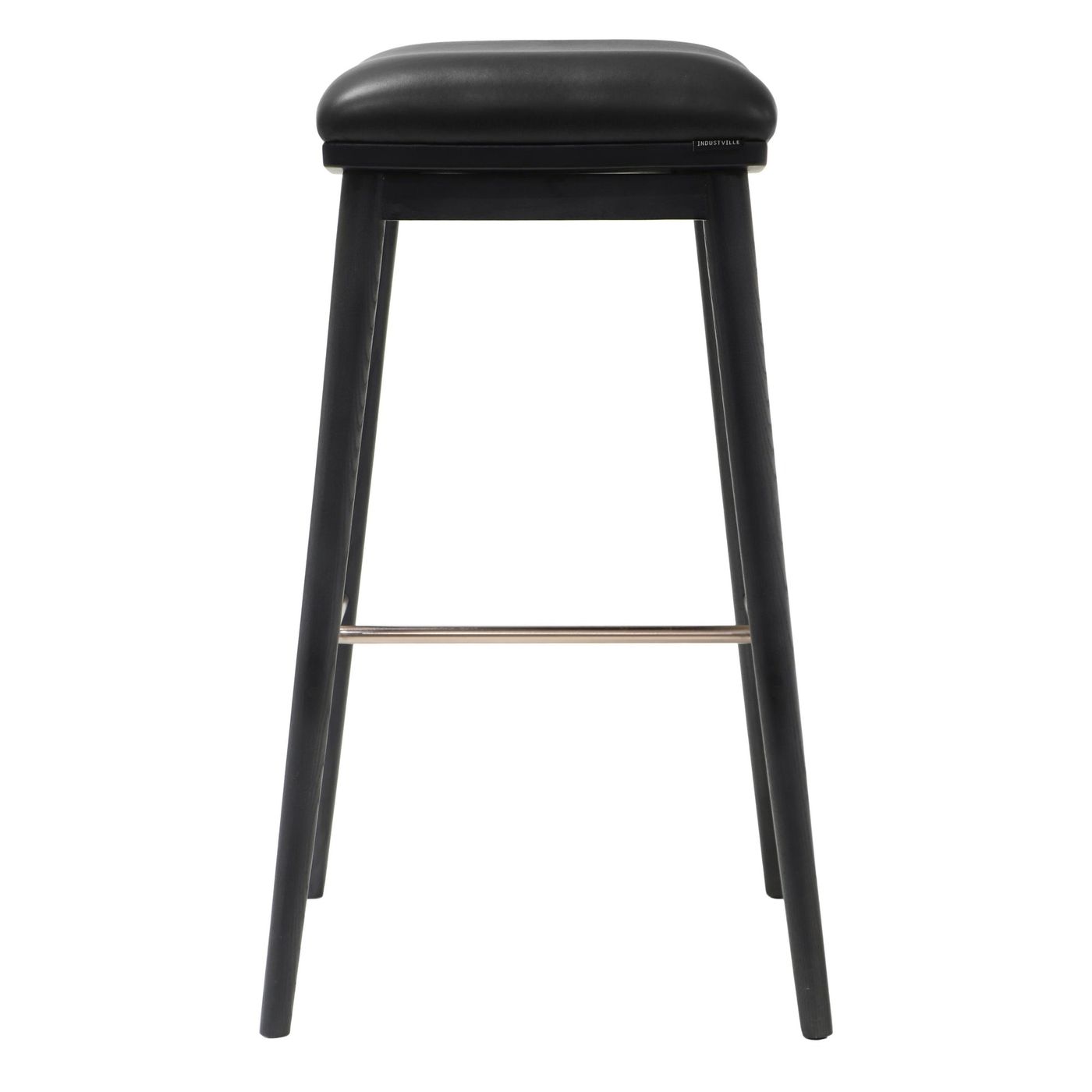 Side profile of a bar stool with black ash wood legs and a padded black leather seat, featuring a minimalist design