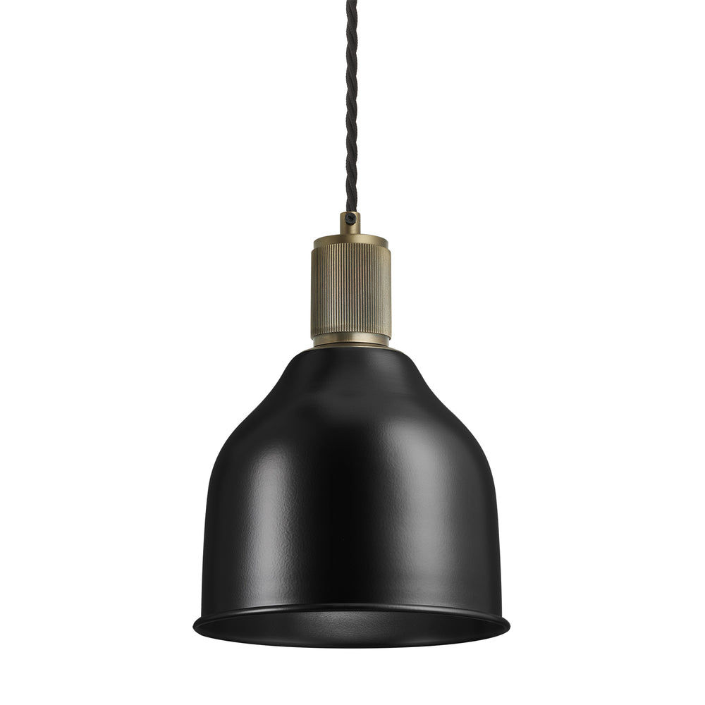 Black with Brass Holder Ribbed Cone Pendant - 7 Inch - RI-CP7-BK-BH