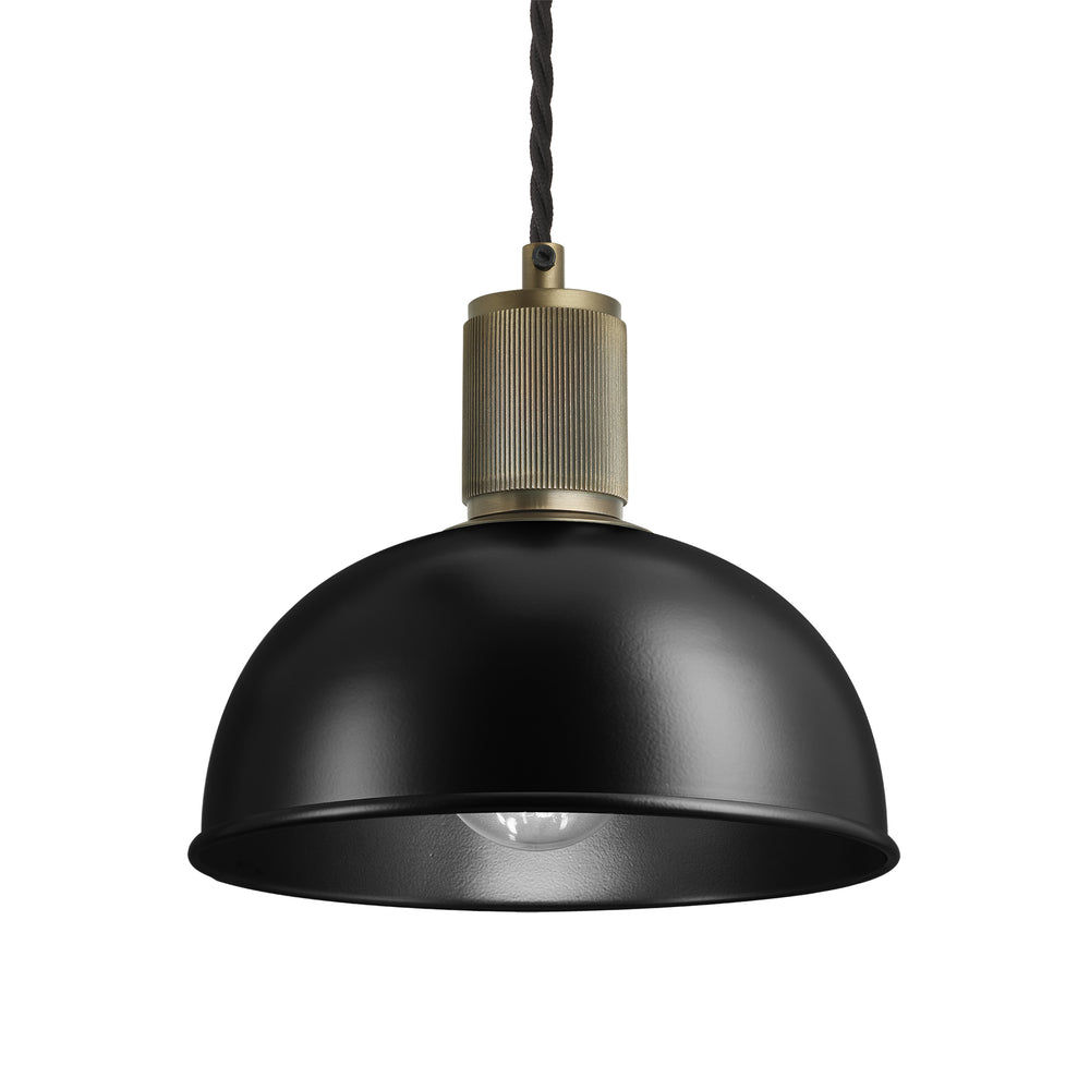 Black with Brass Holder Ribbed Dome Pendant - 8 Inch - RI-DP8-BK-BH