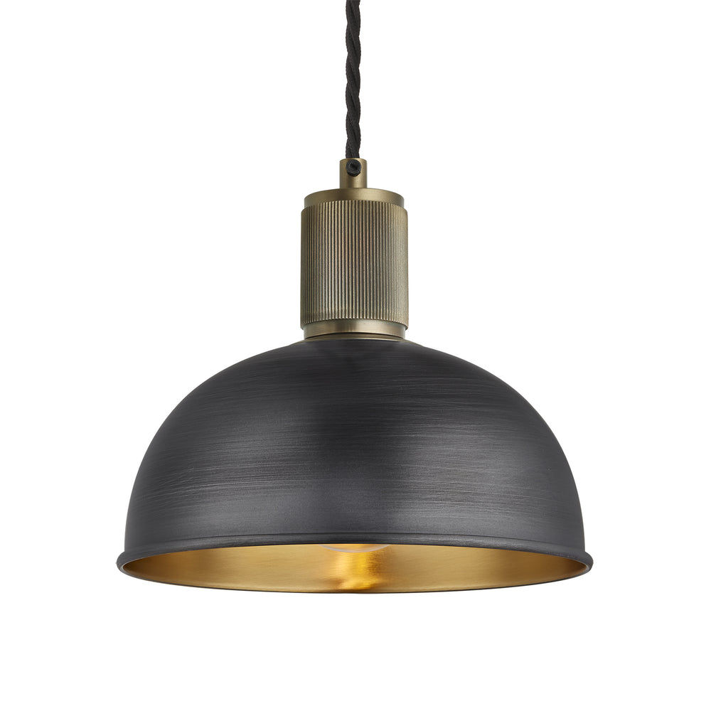 Pewter and Brass with Brass Holder Ribbed Dome Pendant - 8 Inch - RI-DP8-BP-BH
