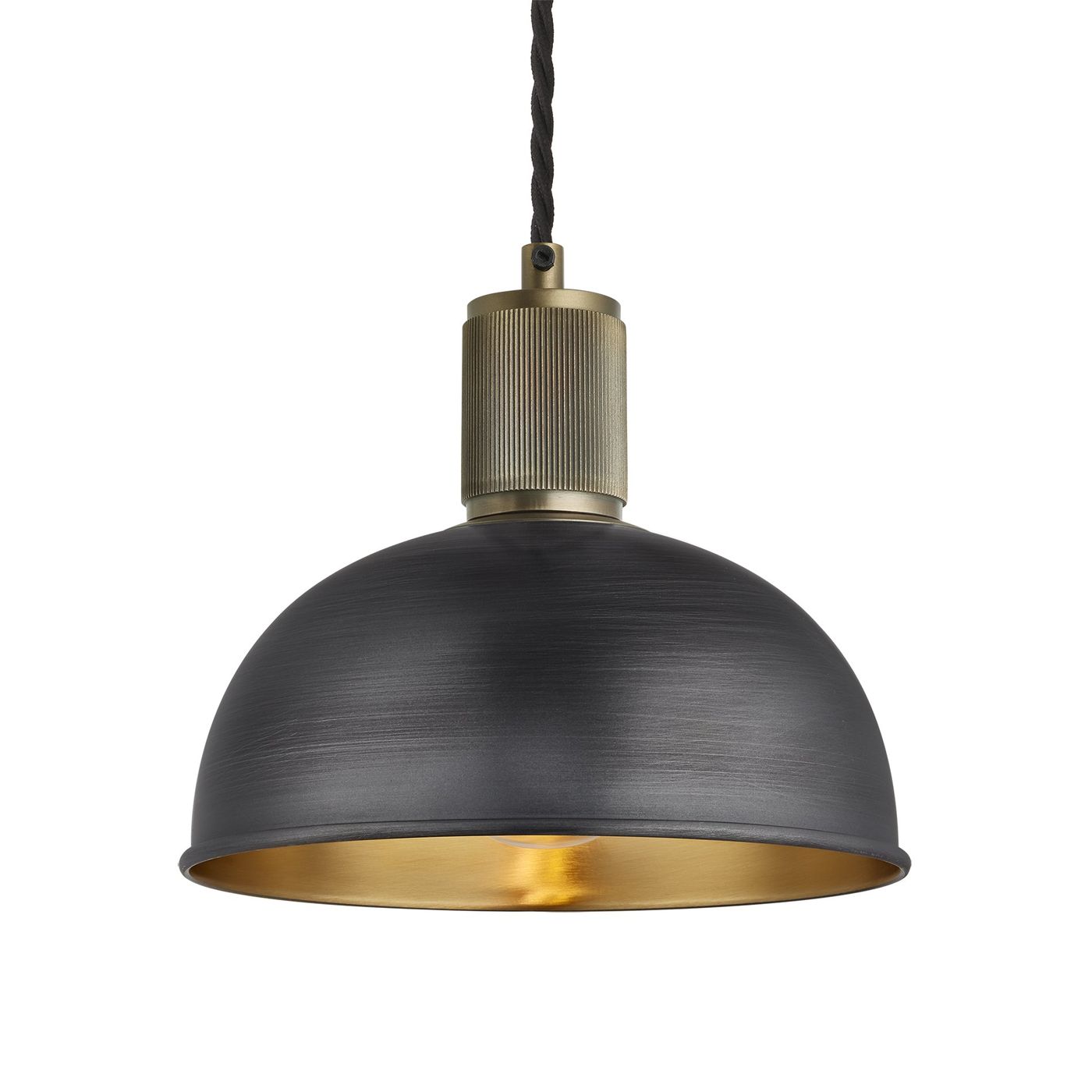 Pewter and Brass with Brass Holder Ribbed Dome Pendant - 8 Inch - RI-DP8-BP-BH