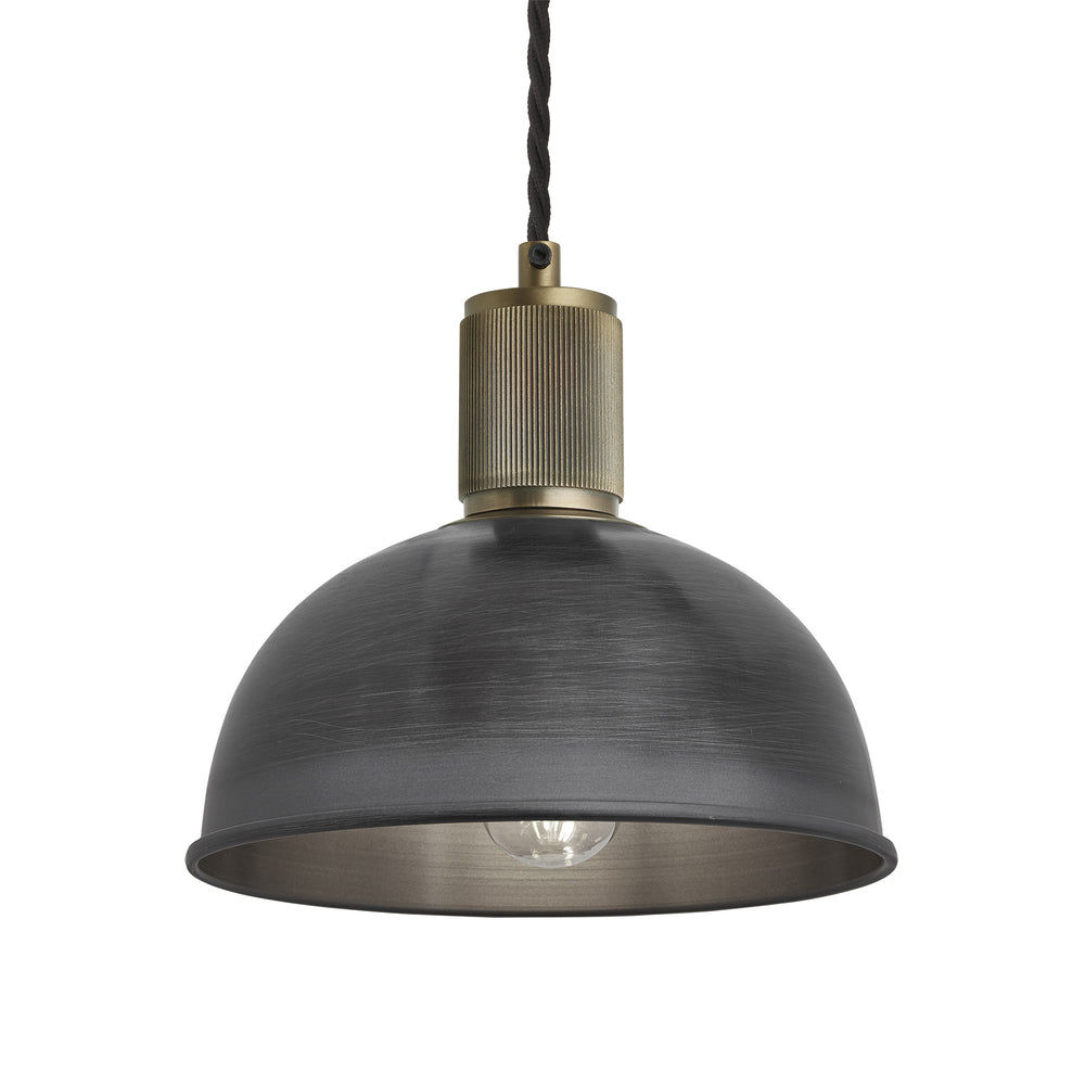 Pewter with Brass Holder Ribbed Dome Pendant - 8 Inch - RI-DP8-P-BH