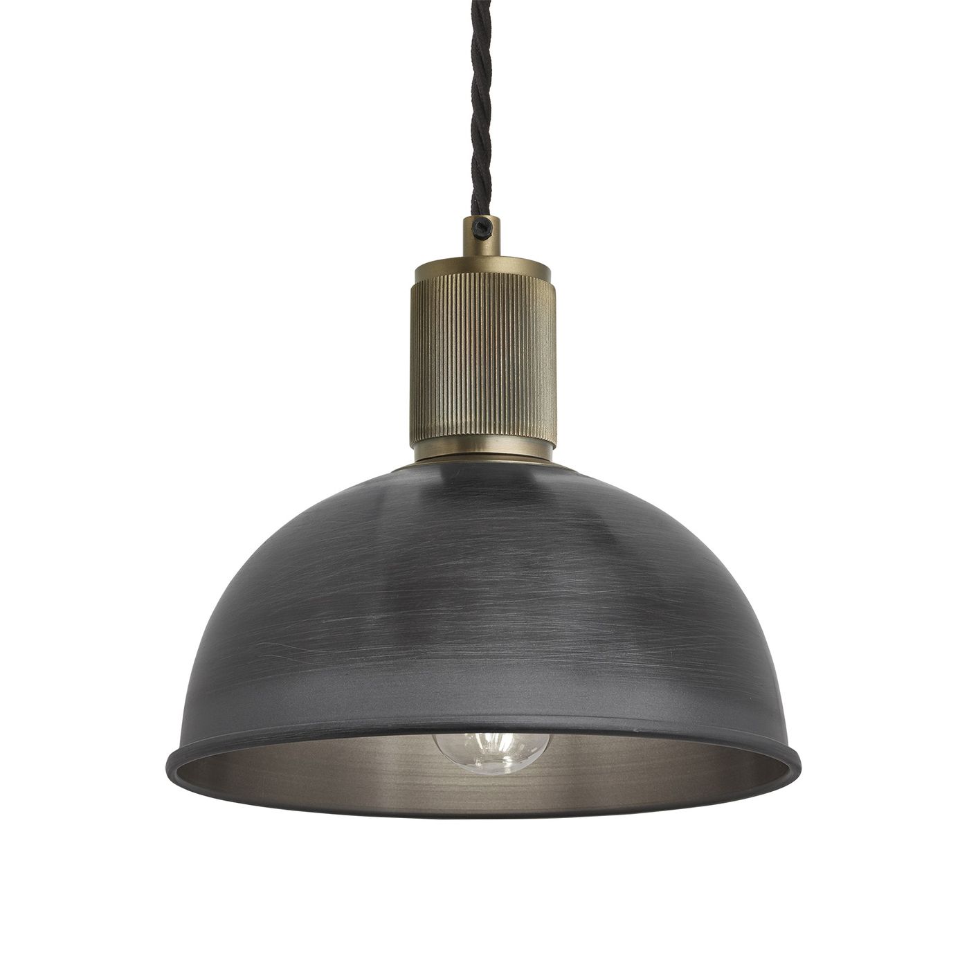 Pewter with Brass Holder Ribbed Dome Pendant - 8 Inch - RI-DP8-P-BH