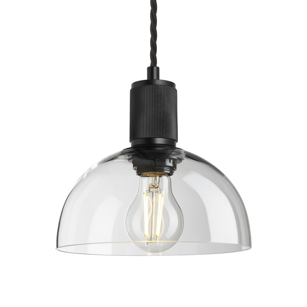 Clear Glass Black Holder Ribbed Glass Dome Pendant - 8 Inch - RI-GLDP8-CL-BKH