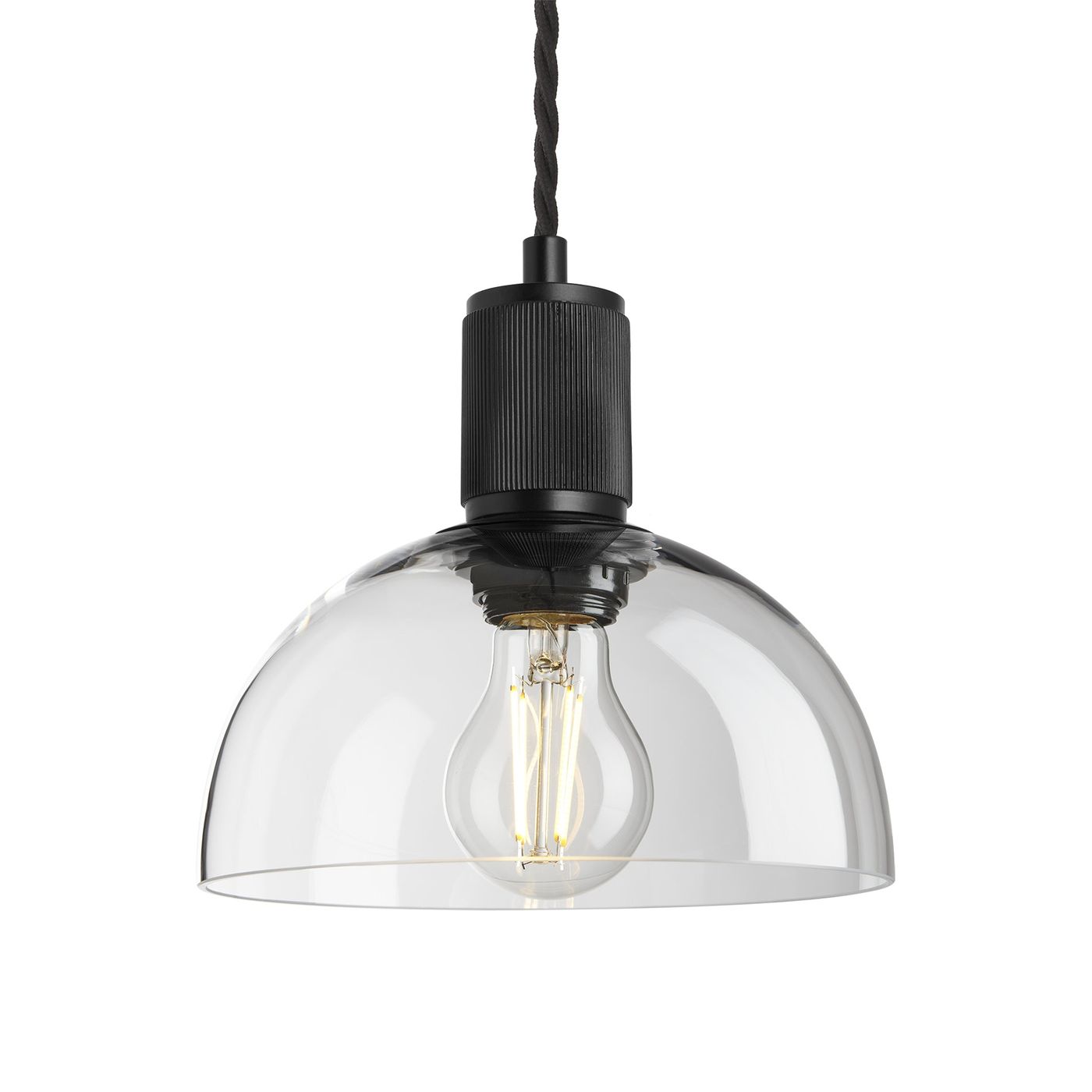 Clear Glass Black Holder Ribbed Glass Dome Pendant - 8 Inch - RI-GLDP8-CL-BKH