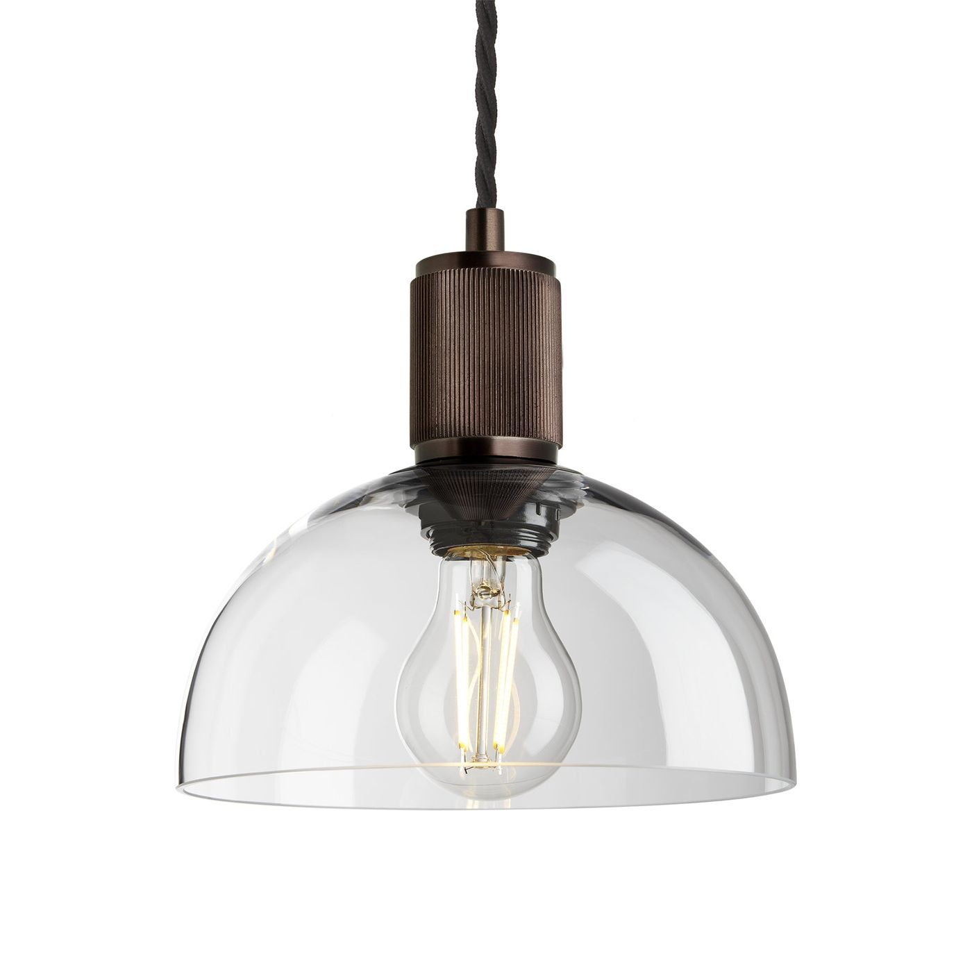 Clear Glass Bronze Holder Ribbed Glass Dome Pendant - 8 Inch - RI-GLDP8-CL-BZH