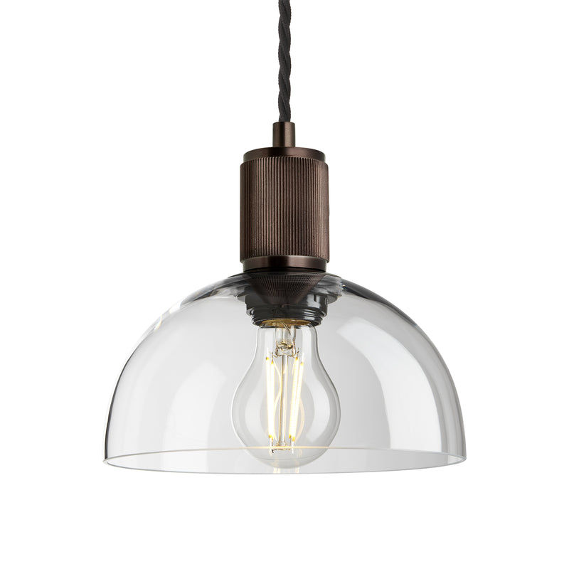 Clear Glass Bronze Holder Ribbed Glass Dome Pendant - 8 Inch - RI-GLDP8-CL-BZH