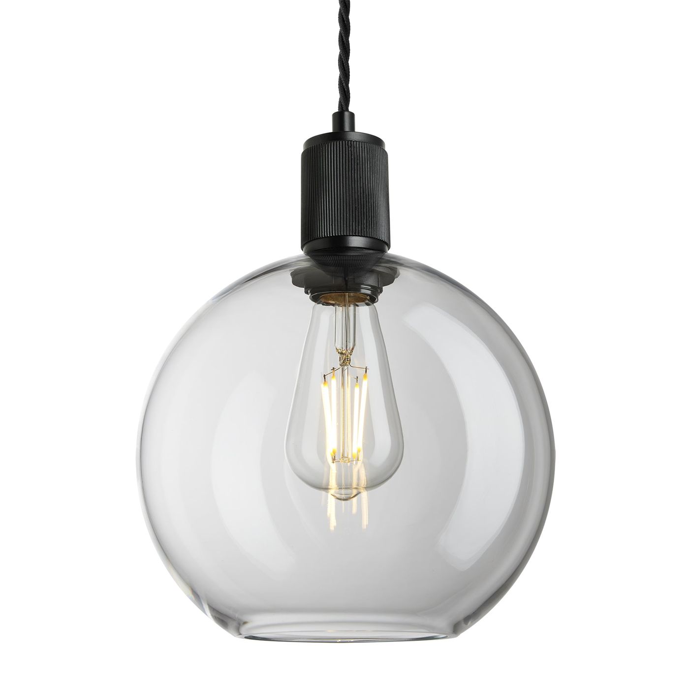 Clear Glass Black Holder Ribbed Glass Globe Pendant - 9 Inch - RI-GLGLP9-CL-BKH