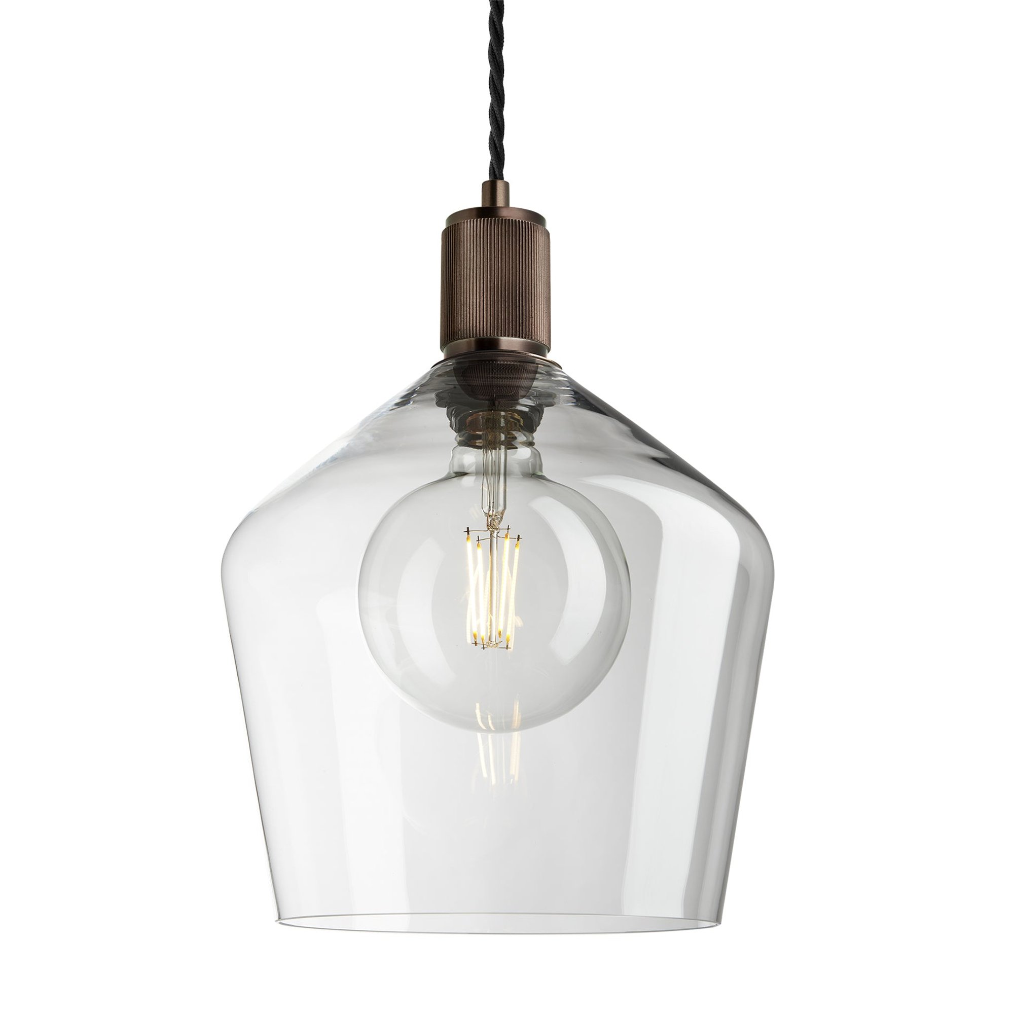 Clear Bronze Holder Ribbed Glass Schoolhouse Pendant - 10 Inch - RI-GLSHP10-CL-BZH