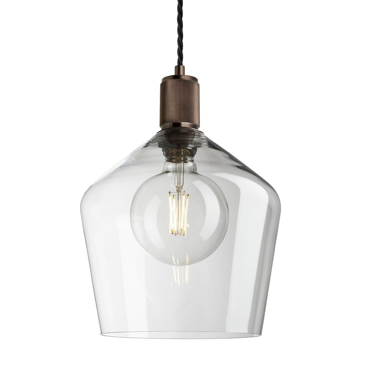 Clear Bronze Holder Ribbed Glass Schoolhouse Pendant - 10 Inch - RI-GLSHP10-CL-BZH