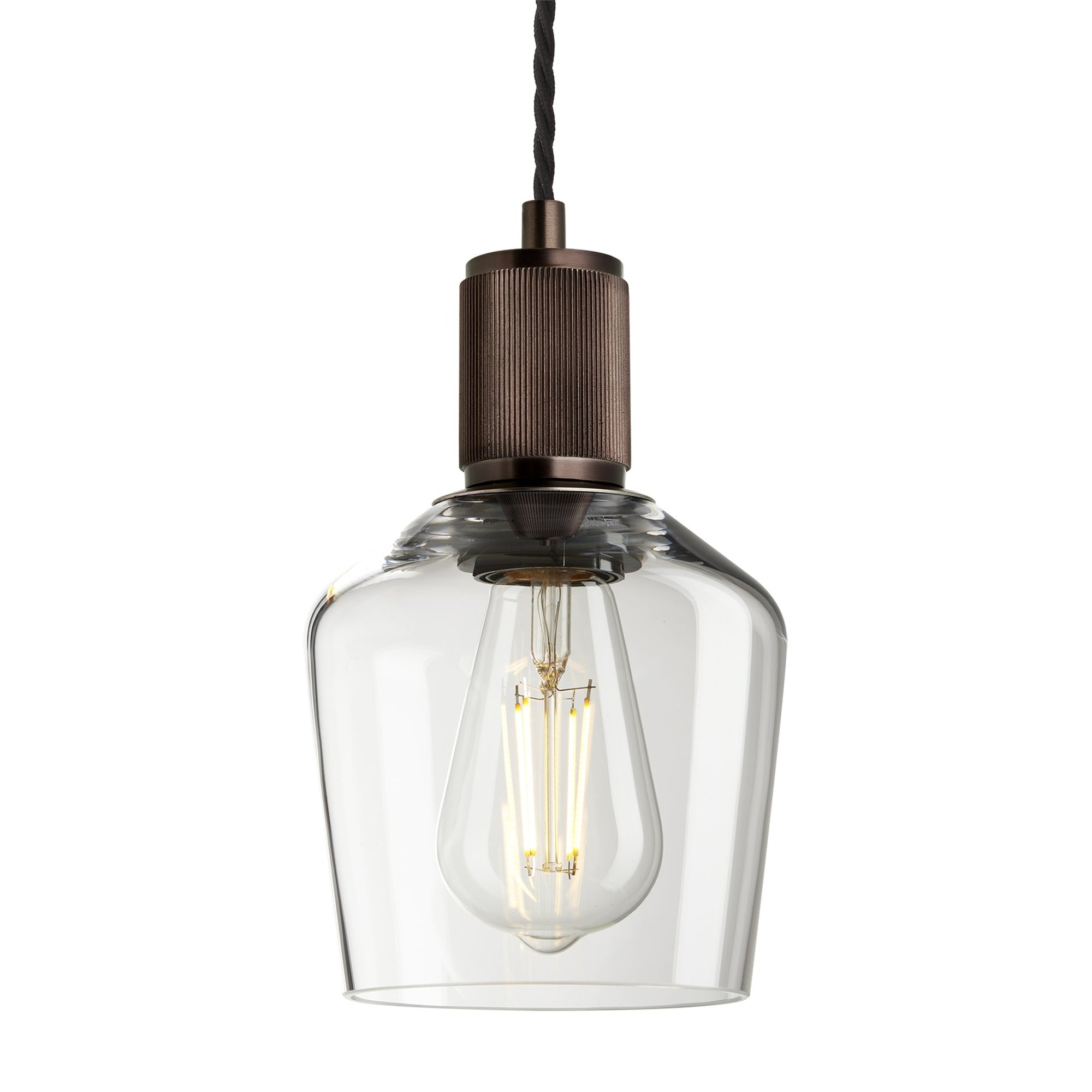 Clear Bronze Holder Ribbed Glass Schoolhouse Pendant - 5.5 Inch - RI-GLSHP5-CL-BZH