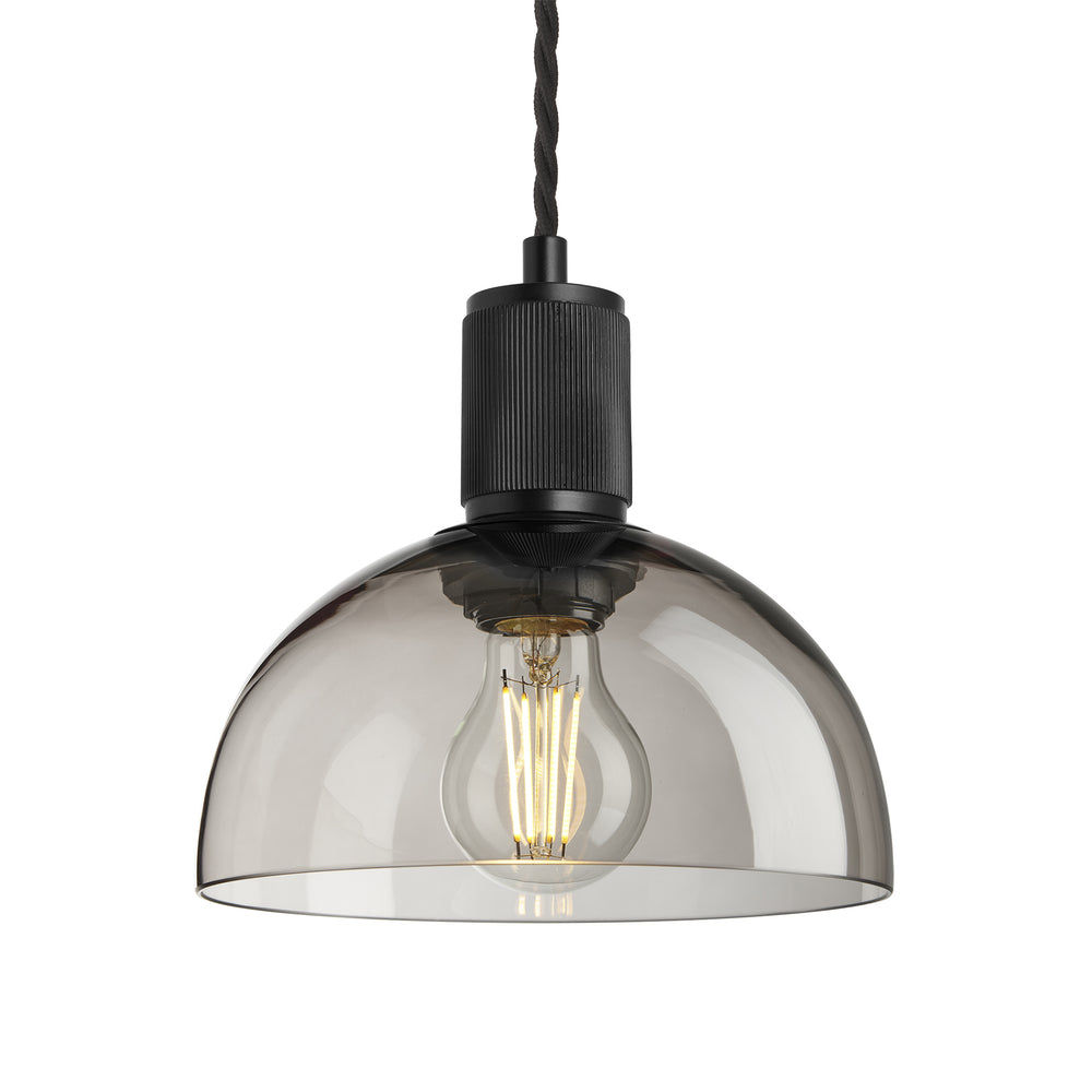 Smoked Glass Mocha Black Holder Ribbed Glass Dome Pendant - 8 Inch - RI-CH-SGL-DP8-MO-BKH