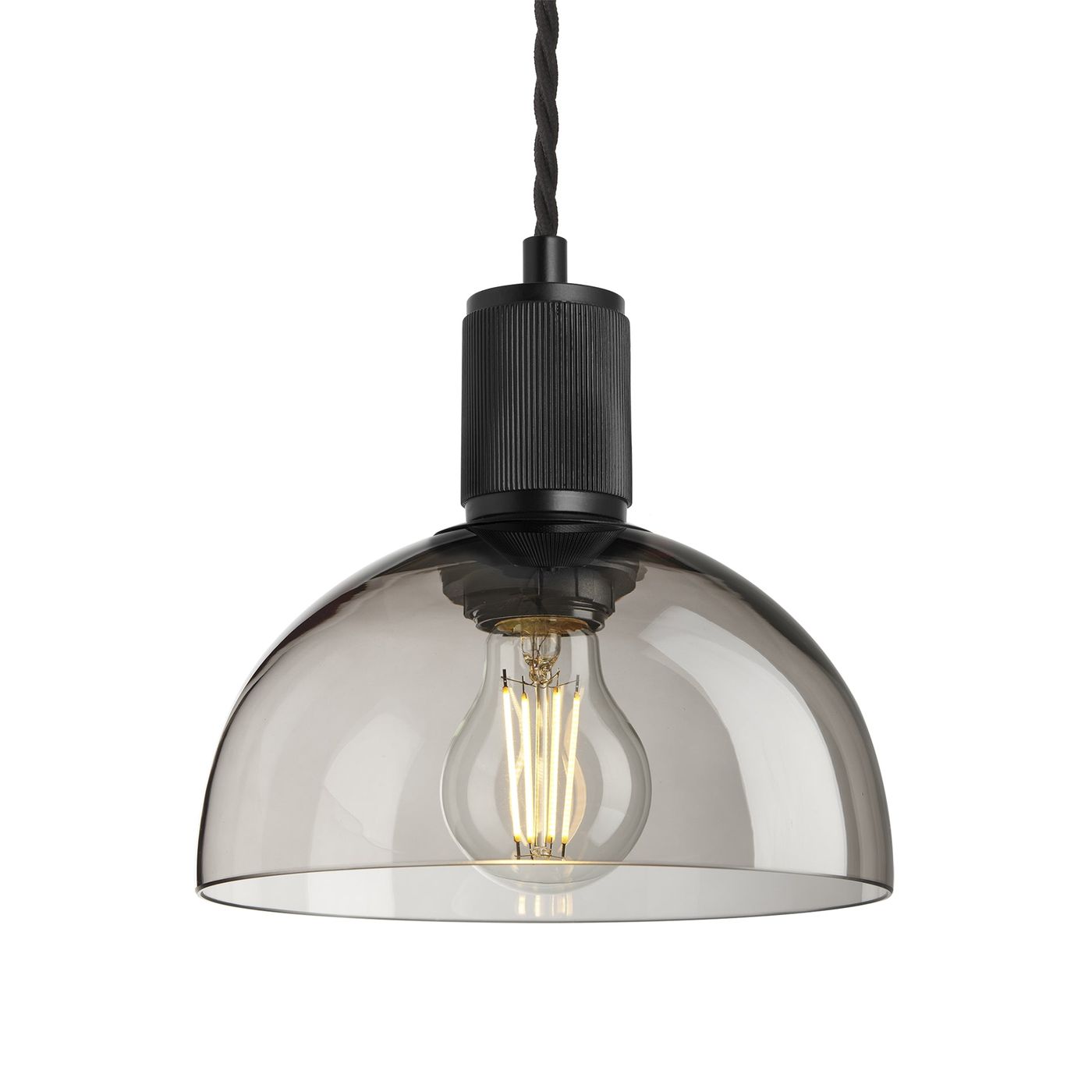 Smoked Glass Mocha Black Holder Ribbed Glass Dome Pendant - 8 Inch - RI-CH-SGL-DP8-MO-BKH