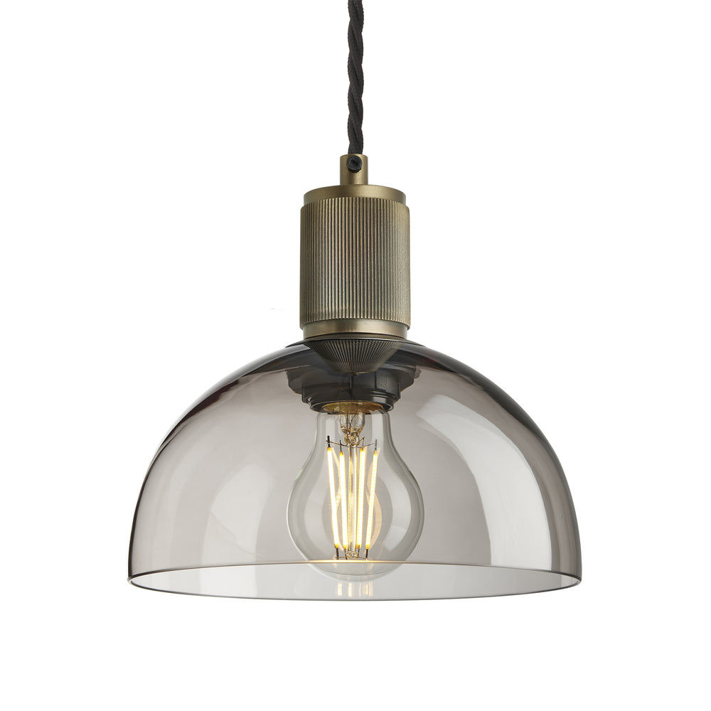 Smoked Glass Mocha Brass Holder Ribbed Glass Dome Pendant - 8Inch - RI-CH-SGL-DP8-MO-BH