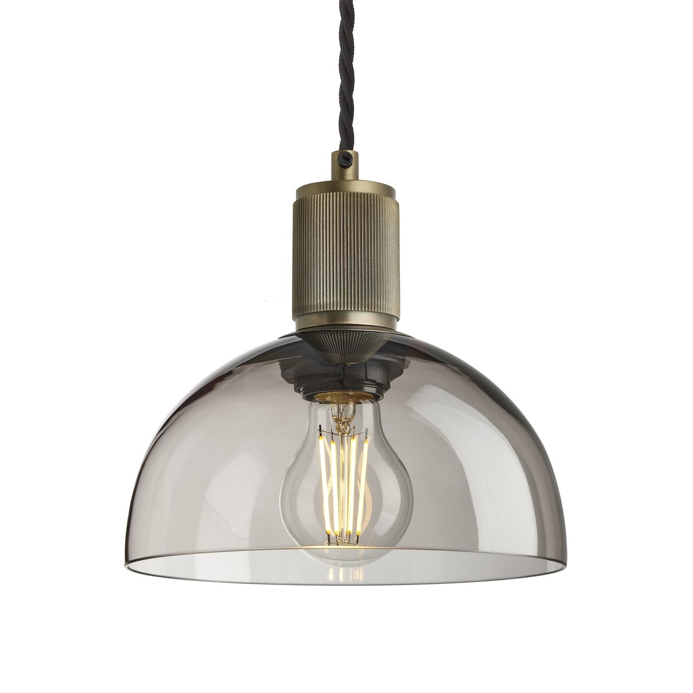 Smoked Glass Mocha Brass Holder Ribbed Glass Dome Pendant - 8Inch - RI-CH-SGL-DP8-MO-BH