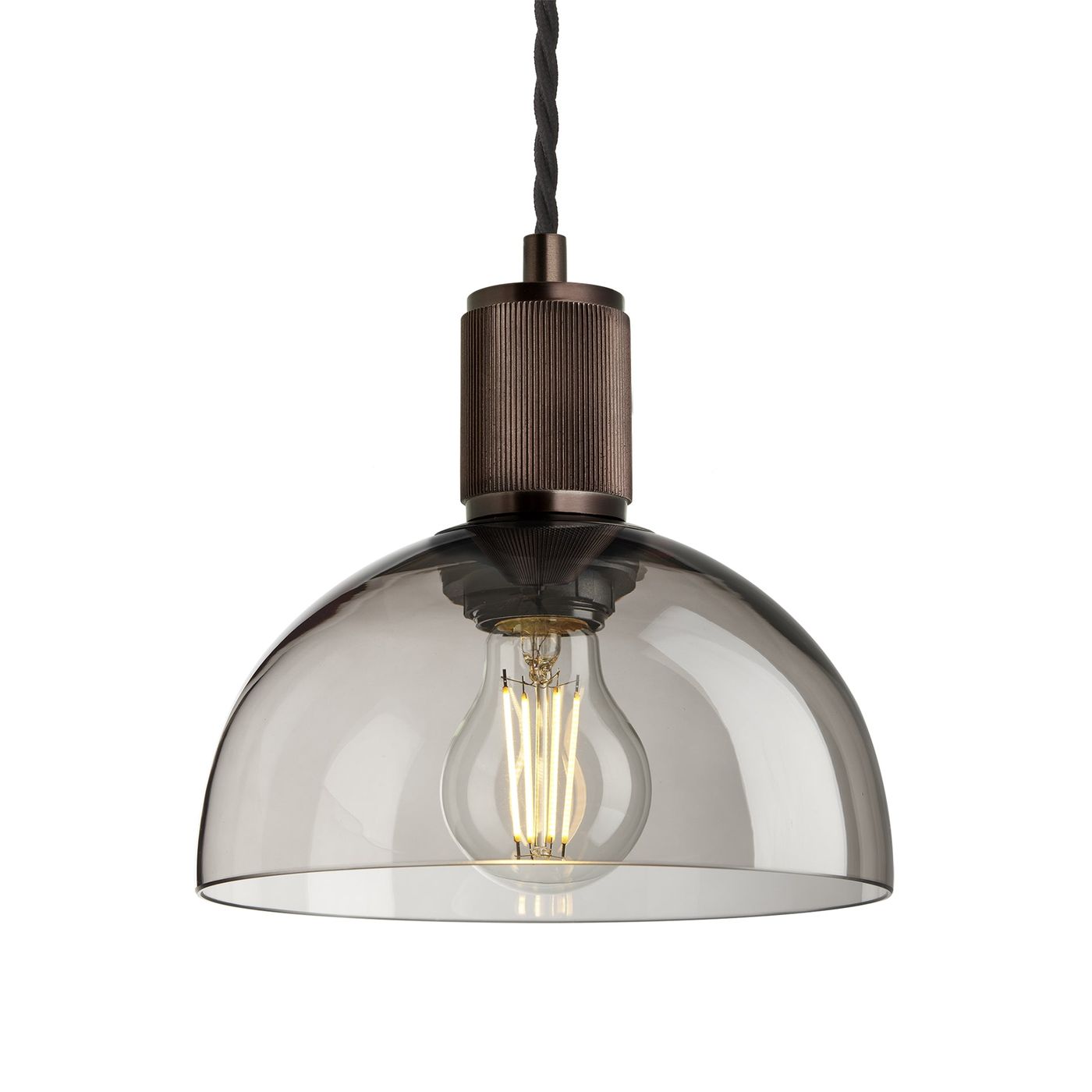 Smoked Glass Mocha Bronze Holder Ribbed Glass Dome Pendant - 8 Inch - RI-CH-SGL-DP8-MO-BZH