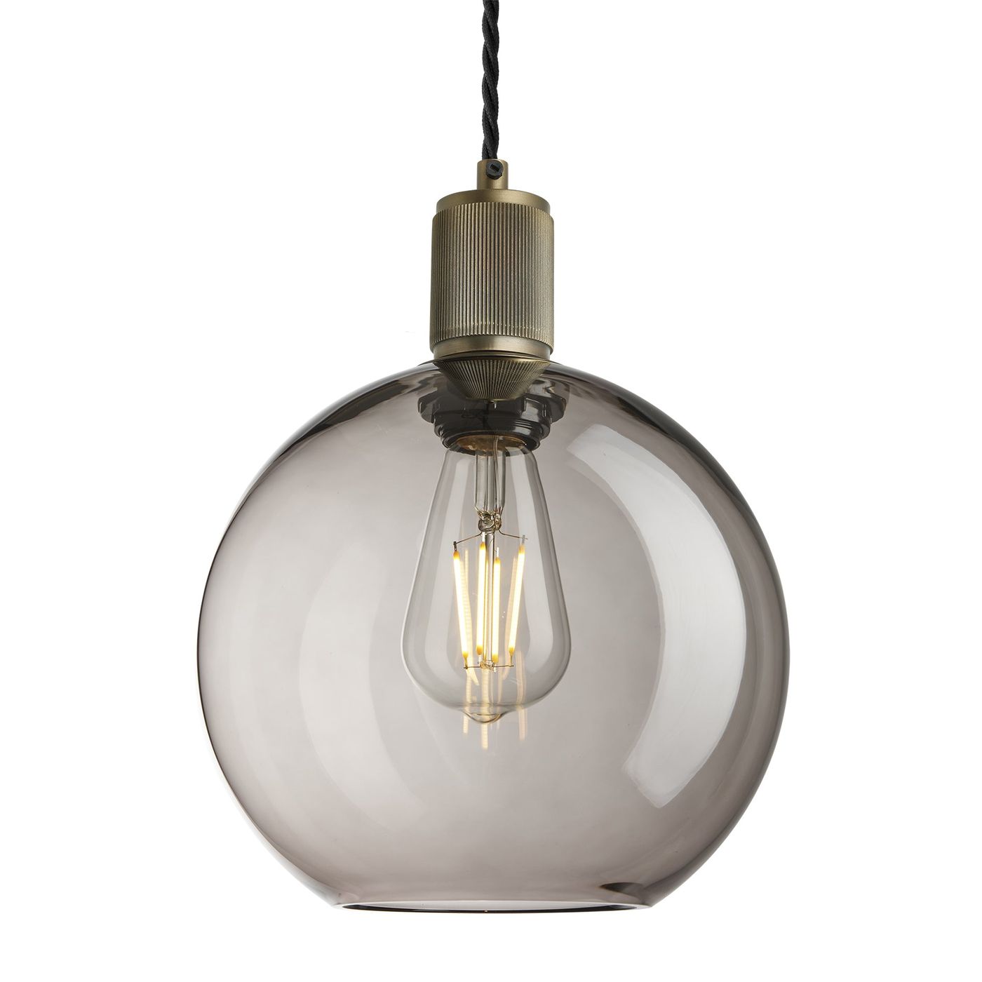 Smoked Glass Mocha Brass Holder Ribbed Glass Globe Pendant - 9 Inch - RI-SGL-GLP9-MO-BH