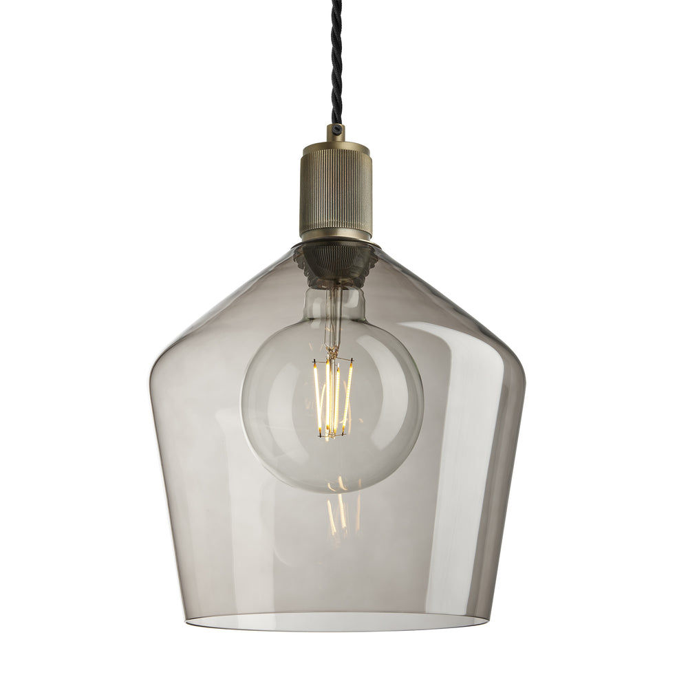 Smoked Glass Brass Holder Ribbed Glass Schoolhouse Pendant - 10 Inch - RI-SGL-SHP10-MO-BH