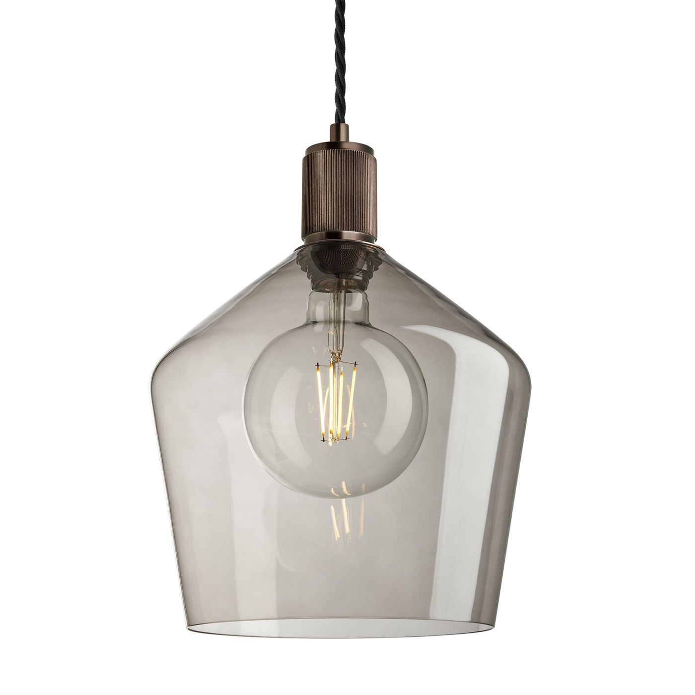 Smoked Glass Bronze Holder Ribbed Glass Schoolhouse Pendant - 10 Inch - RI-SGL-SHP10-MO-BZH