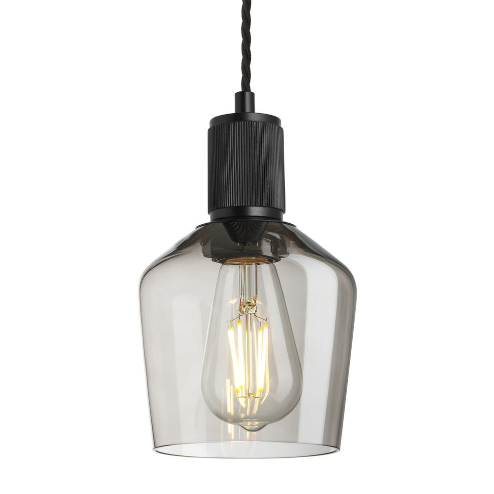 Smoked Glass Mocha Black Holder Ribbed Glass Schoolhouse Pendant - 5.5 Inch - RI-SGL-SHP5-MO-BKH