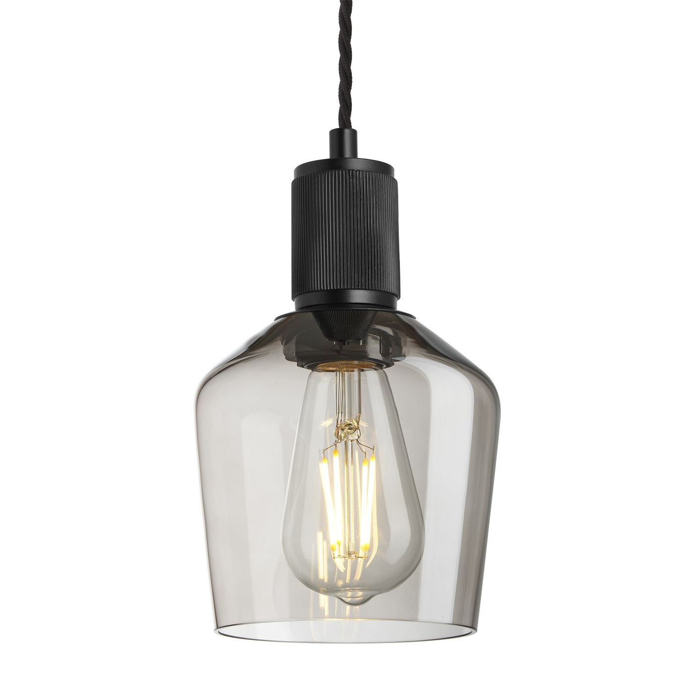Smoked Glass Mocha Black Holder Ribbed Glass Schoolhouse Pendant - 5.5 Inch - RI-SGL-SHP5-MO-BKH