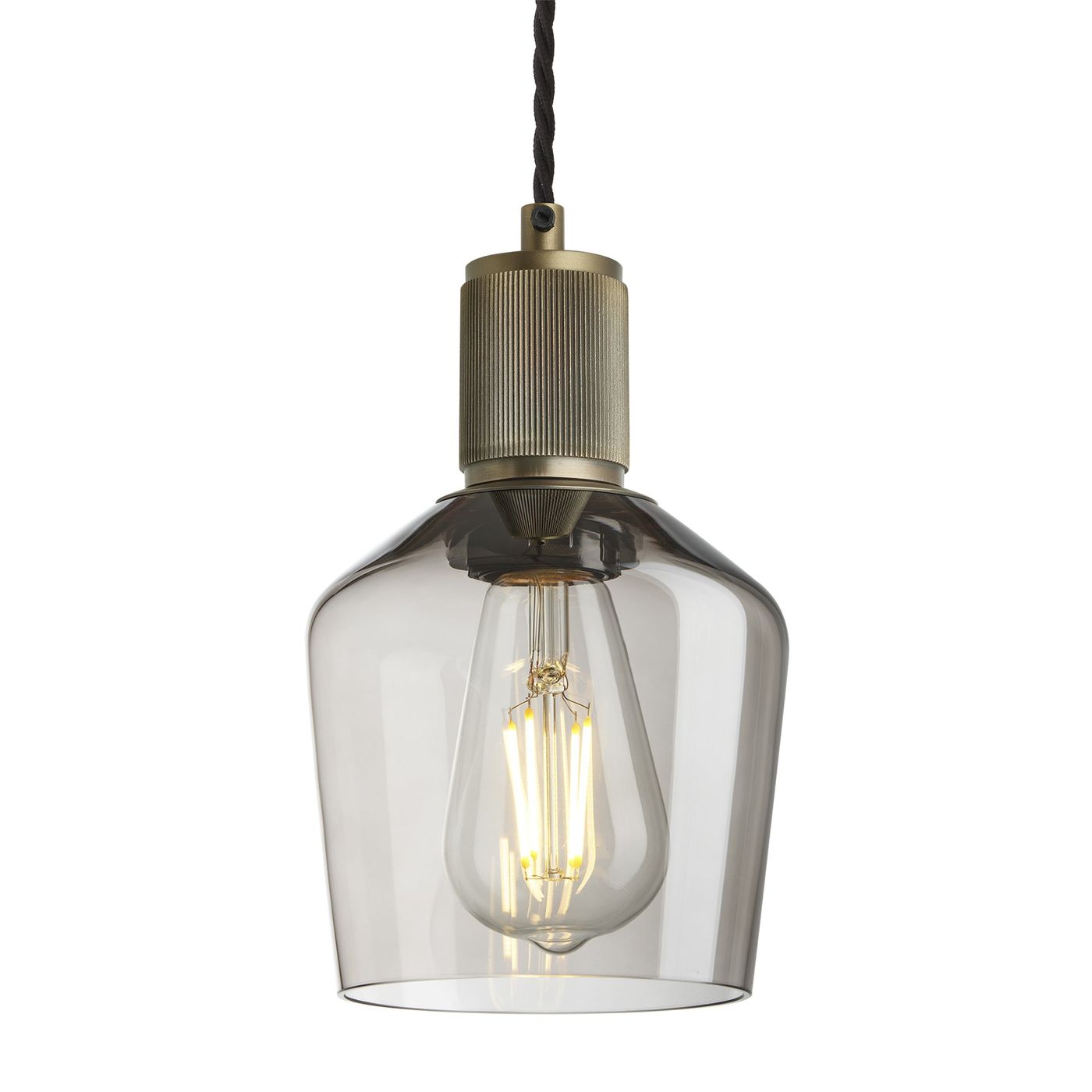 Smoked Glass Mocha Brass Holder Ribbed Glass Schoolhouse Pendant - 5.5 Inch - RI-SGL-SHP5-MO-BH