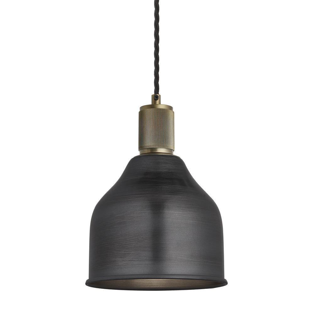 Pewter with Brass Holder Ribbed Cone Pendant - 7 Inch - RI-CP7-P-BH