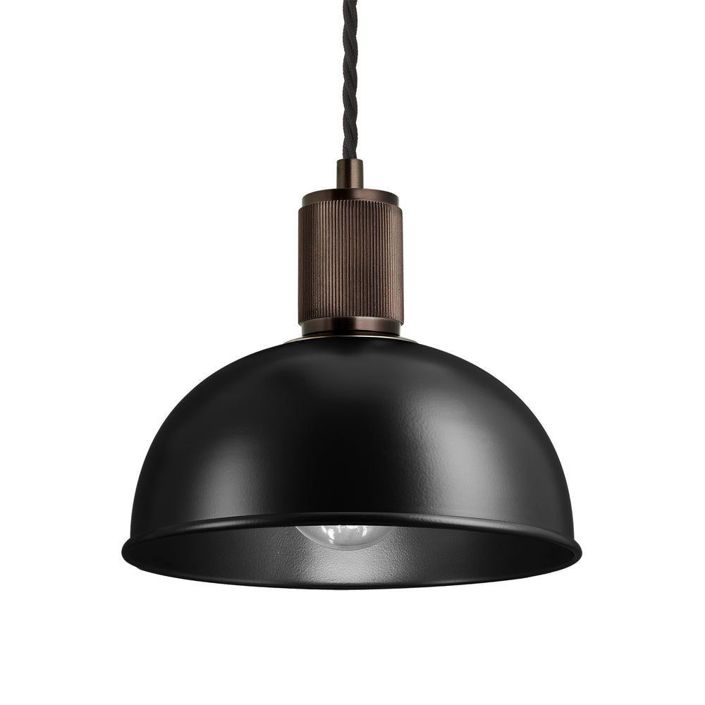 Black with Bronze Holder Ribbed Dome Pendant - 8 Inch - RI-DP8-BK-BZH