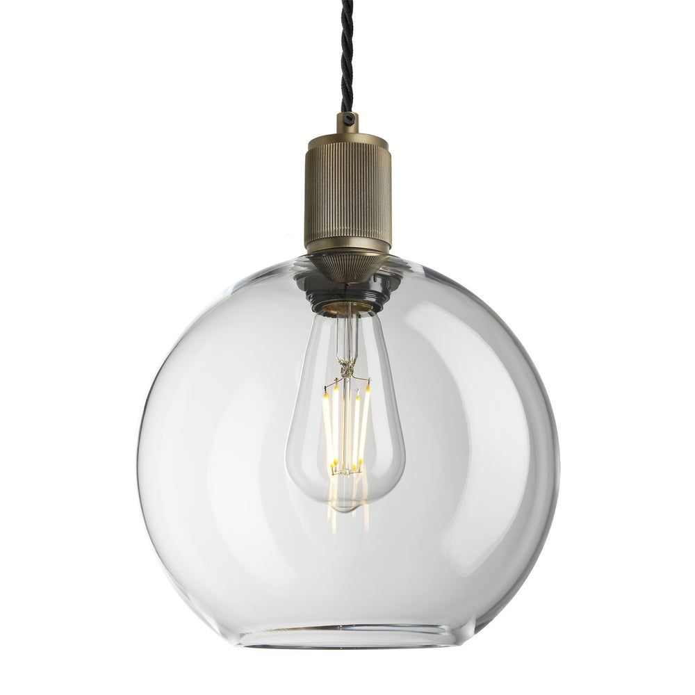 Clear Glass Brass Holder Ribbed Glass Globe Pendant - 9 Inch - RI-GLGLP9-CL-BH