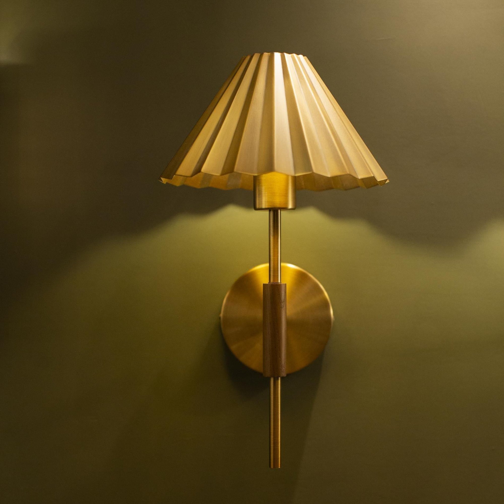 Wycombe Umbrella Pleated Wall Light in Brass lit up