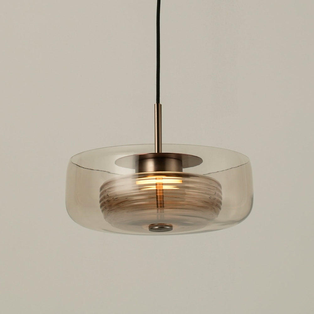 Selby Layered Mocha Glass Round Pendant Light with Bronze holder, lit up