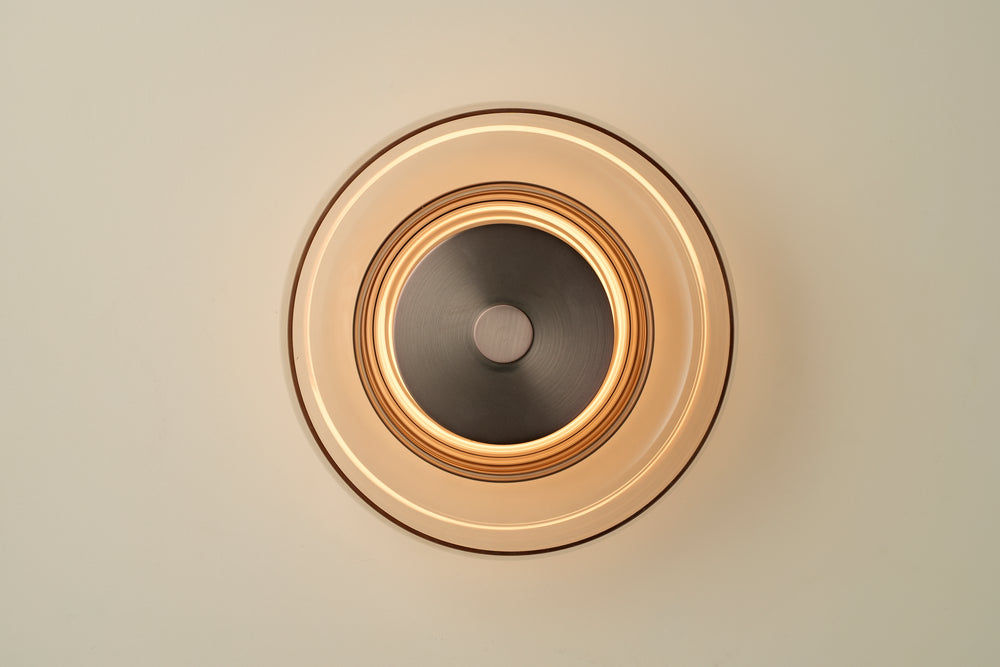Selby Layered Mocha Glass Round Wall Light Flush mount with Bronze diffuser, lit up