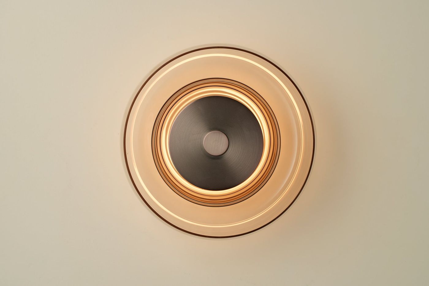 Selby Layered Mocha Glass Round Wall Light Flush mount with Bronze diffuser, lit up