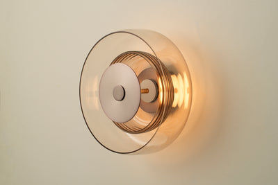 Selby Layered Mocha Glass Round Wall Light Flush mount with Bronze diffuser, lit up