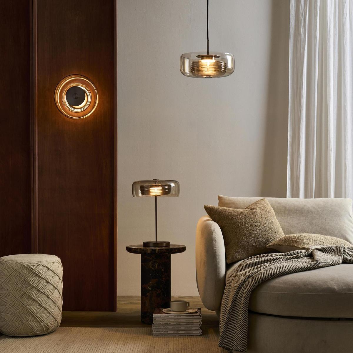 Selby Layered Mocha Glass Round Pendant Light with Bronze holder