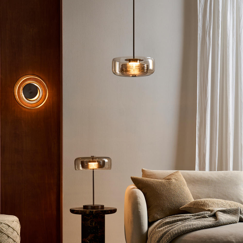 Selby Layered Glass Round Pendant Light in Mocha with Bronze Holder
