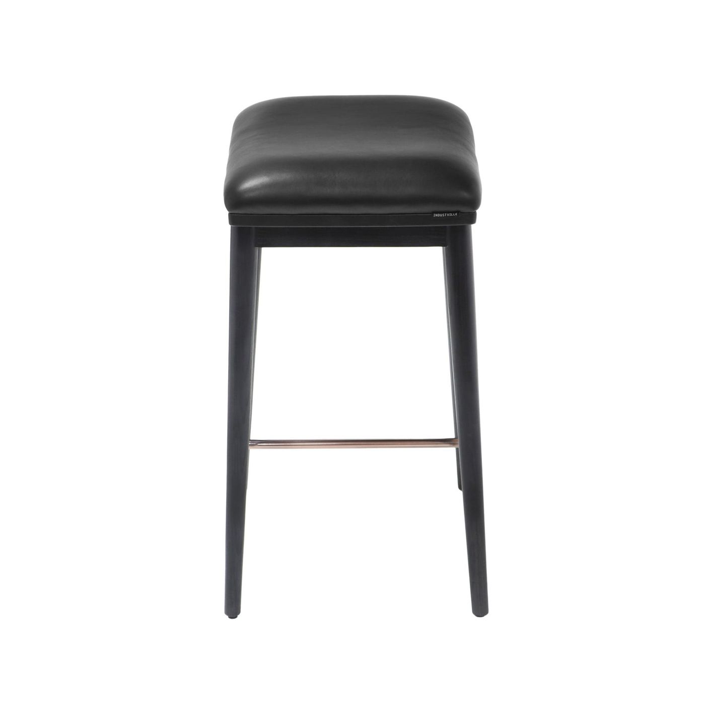 Side view of a counter height stool with black ash wood legs and a black soft leather seat, showcasing the clean lines.