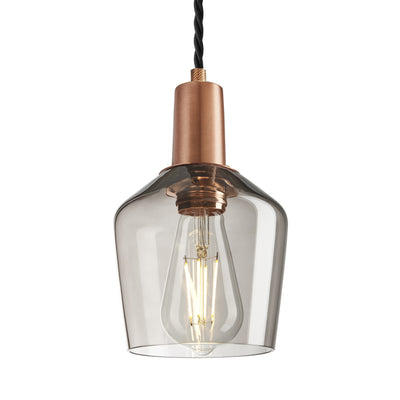 Sleek Smoked Glass Schoolhouse Pendant Lighting in 5.5 Inch with Copper Holder, Product Code is SL-SGL-SHP5-MO-CH