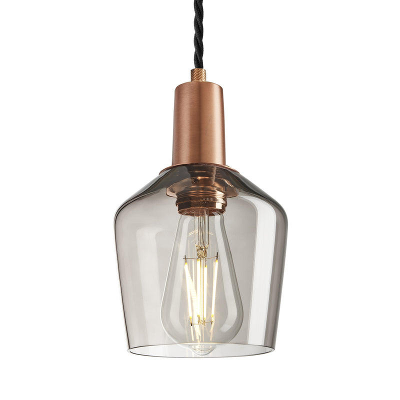 Sleek Smoked Glass Schoolhouse Pendant Lighting in 5.5 Inch with Copper Holder, Product Code is SL-SGL-SHP5-MO-CH
