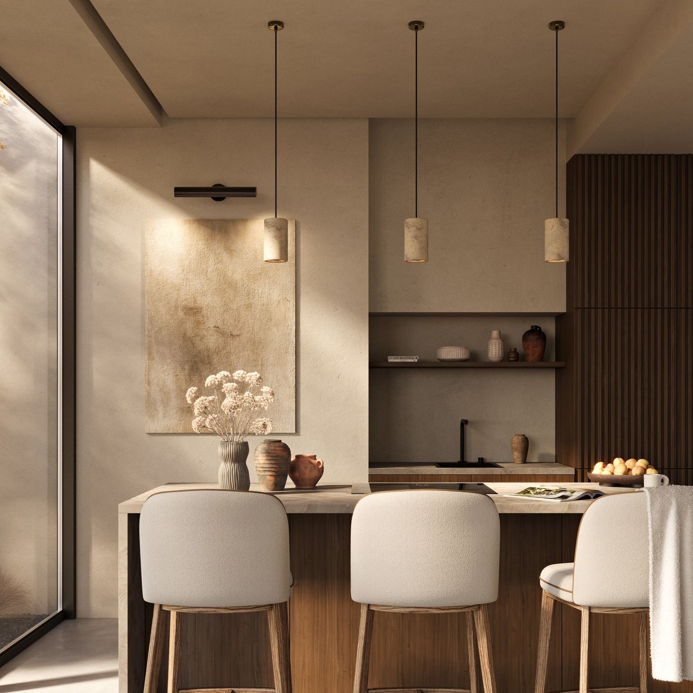 Travertine Cylinder Pendant Light - 4 inch - Natural