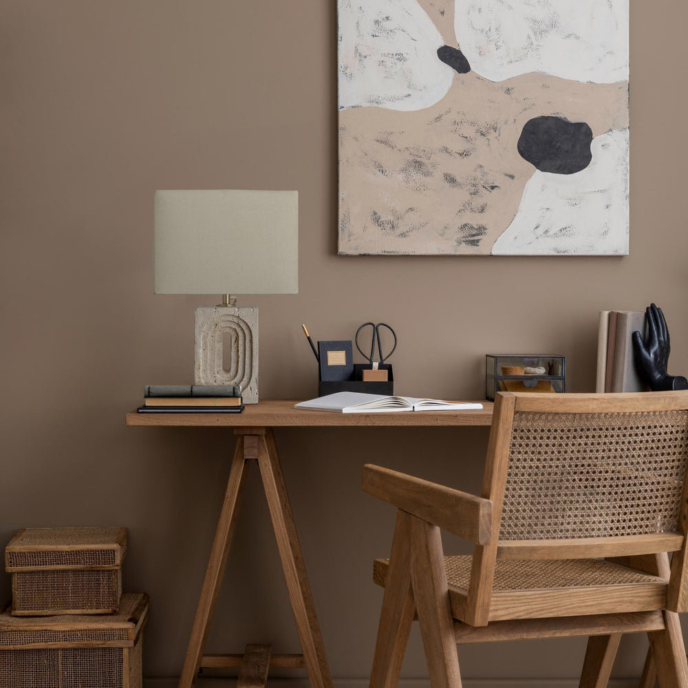 Travertine Rectangular Table Lamp with Light Natural Cotton Rounded Rectangle Shade, Product Code TR-RETL-NB-RE-M-NC 