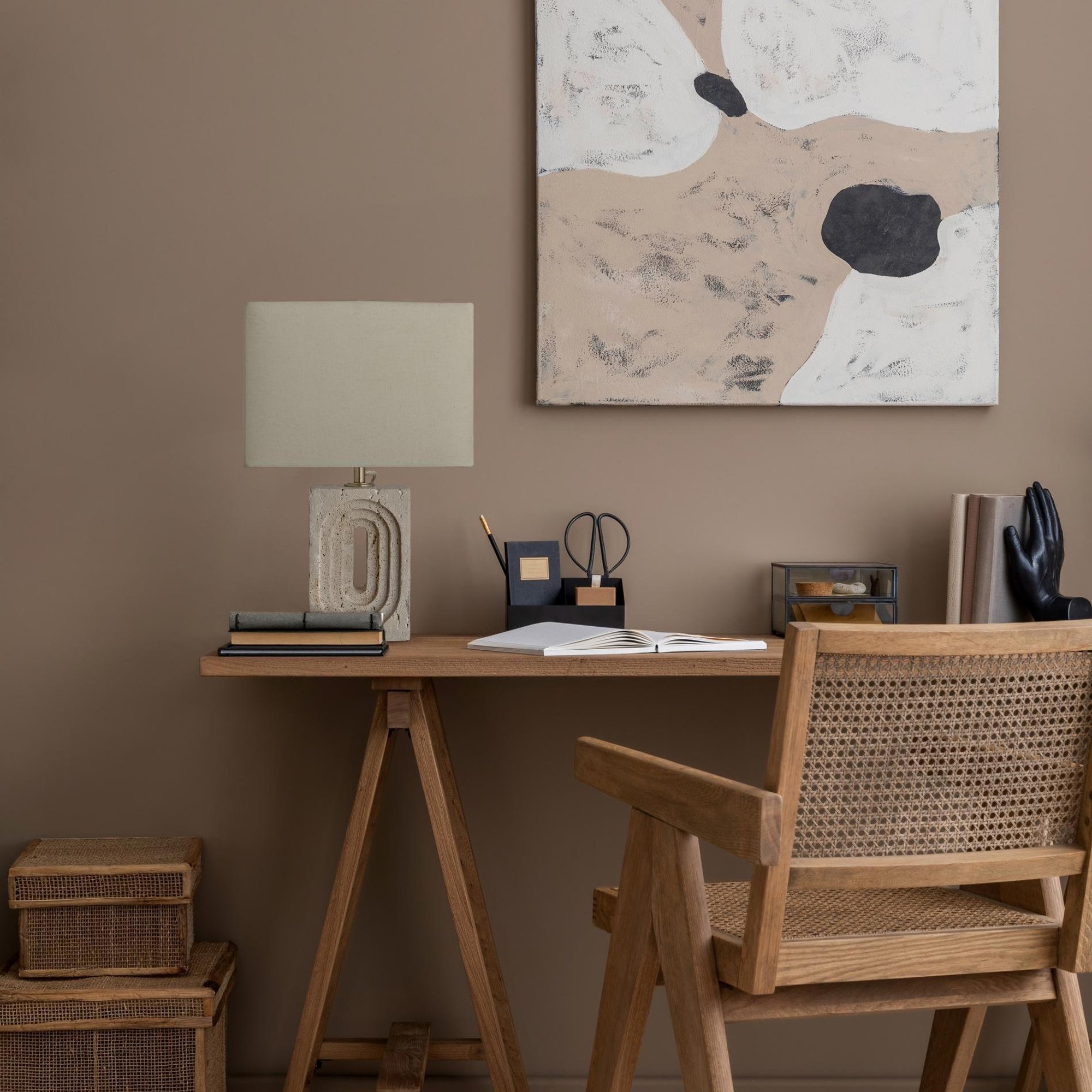Travertine Rectangular Table Lamp with Light Natural Cotton Rounded Rectangle Shade, Product Code TR-RETL-NB-RE-M-NC 