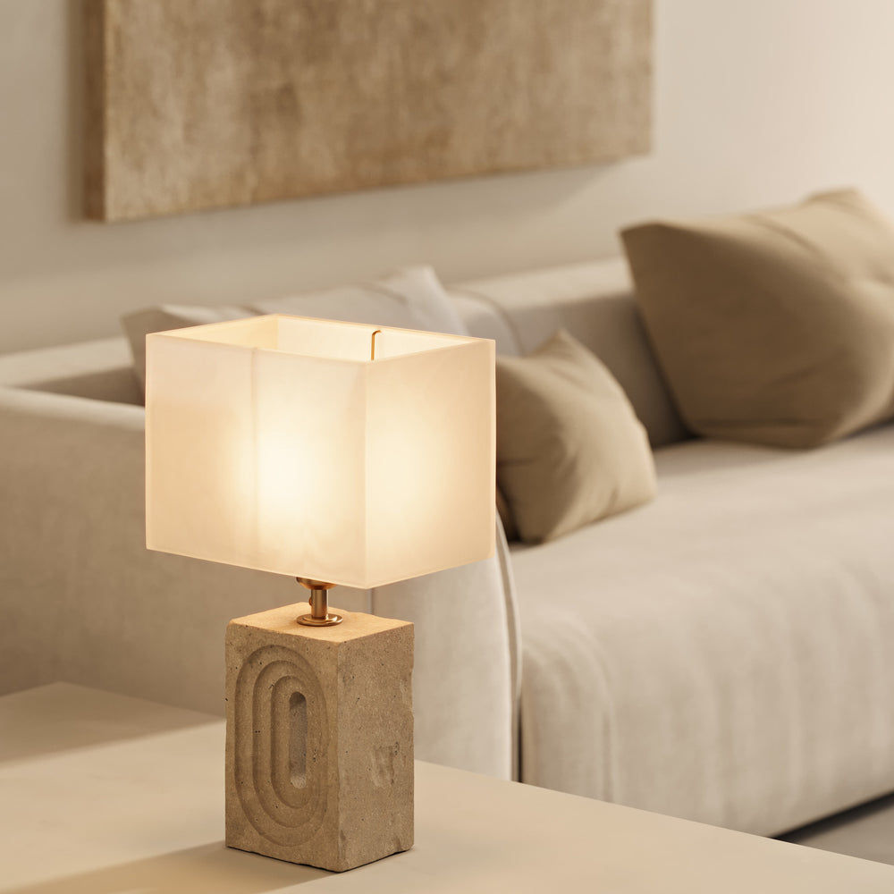 Travertine Rectangular Table Lamp with Light Natural Cotton Rounded Rectangle Shade, Product Code TR-RETL-NB-RE-M-NC 