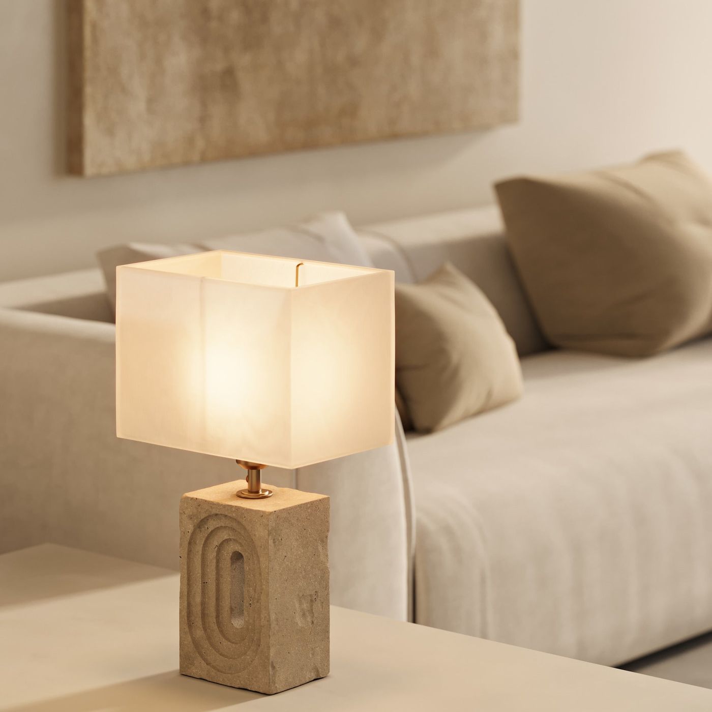 Travertine Rectangular Table Lamp with Light Natural Cotton Rounded Rectangle Shade, Product Code TR-RETL-NB-RE-M-NC 