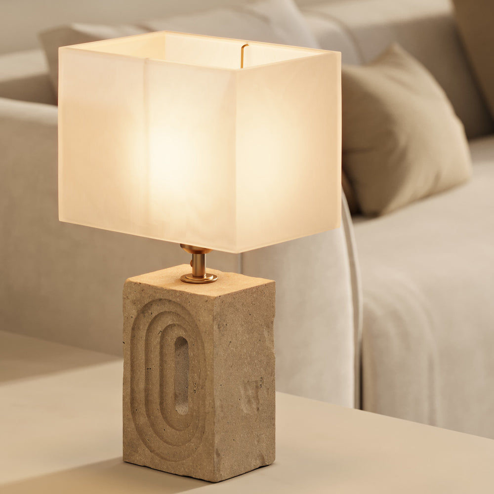 Travertine Rectangular Table Lamp with Light Natural Cotton Rounded Rectangle Shade, Product Code TR-RETL-NB-RE-M-NC 
