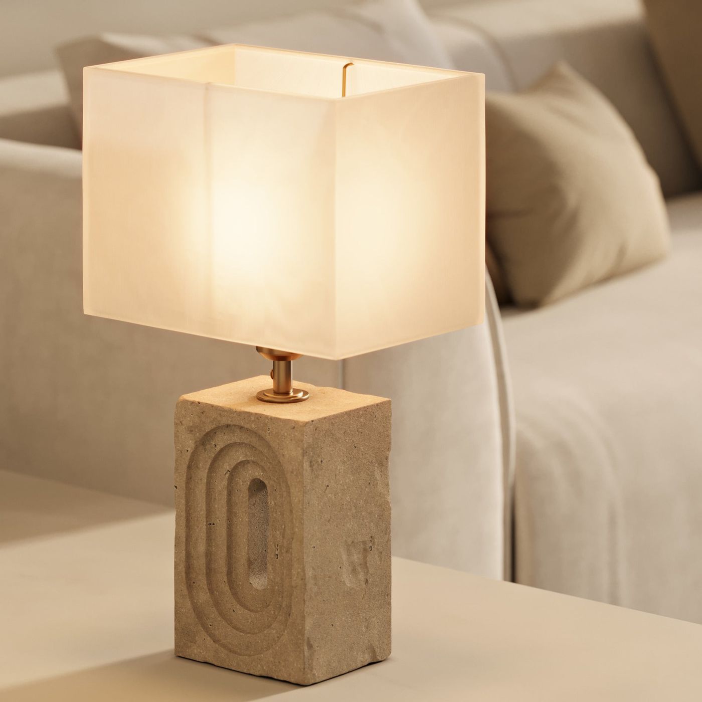 Travertine Rectangular Table Lamp with Light Natural Cotton Rounded Rectangle Shade, Product Code TR-RETL-NB-RE-M-NC 